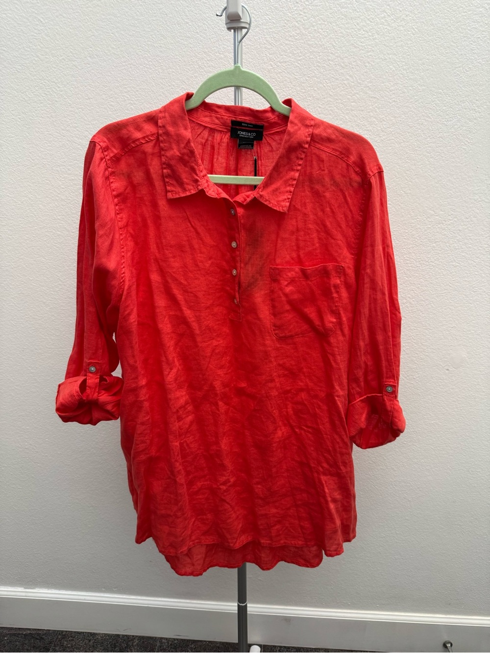 Jones & Co Bright 100% Linen Henley Blouse Quiet Luxury Beachy Bohemian Comfort